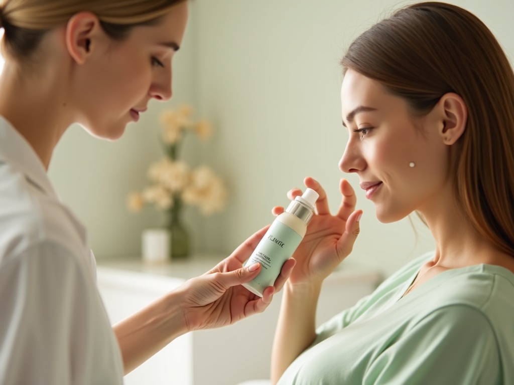 Esthetician conducting detailed skincare education session with client