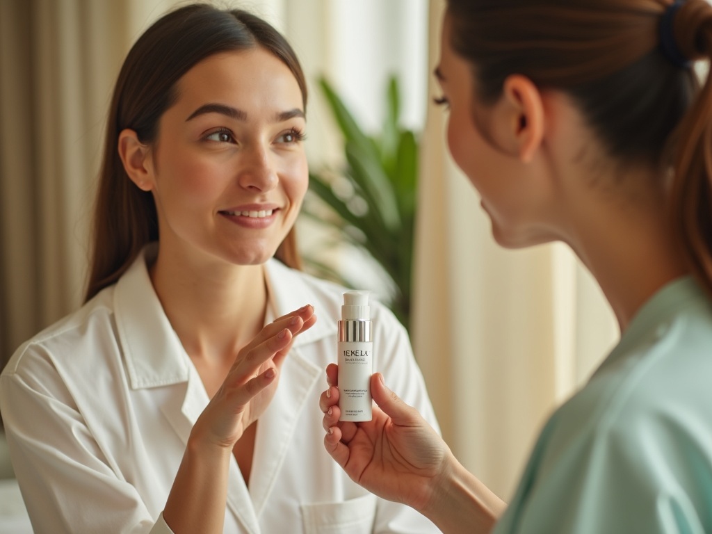 Esthetician in conversation with attentive client during consultation