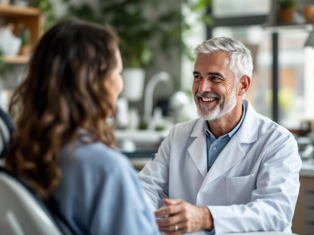 Dentist speaking warmly with a patient in a modern dental office — natural, unposed