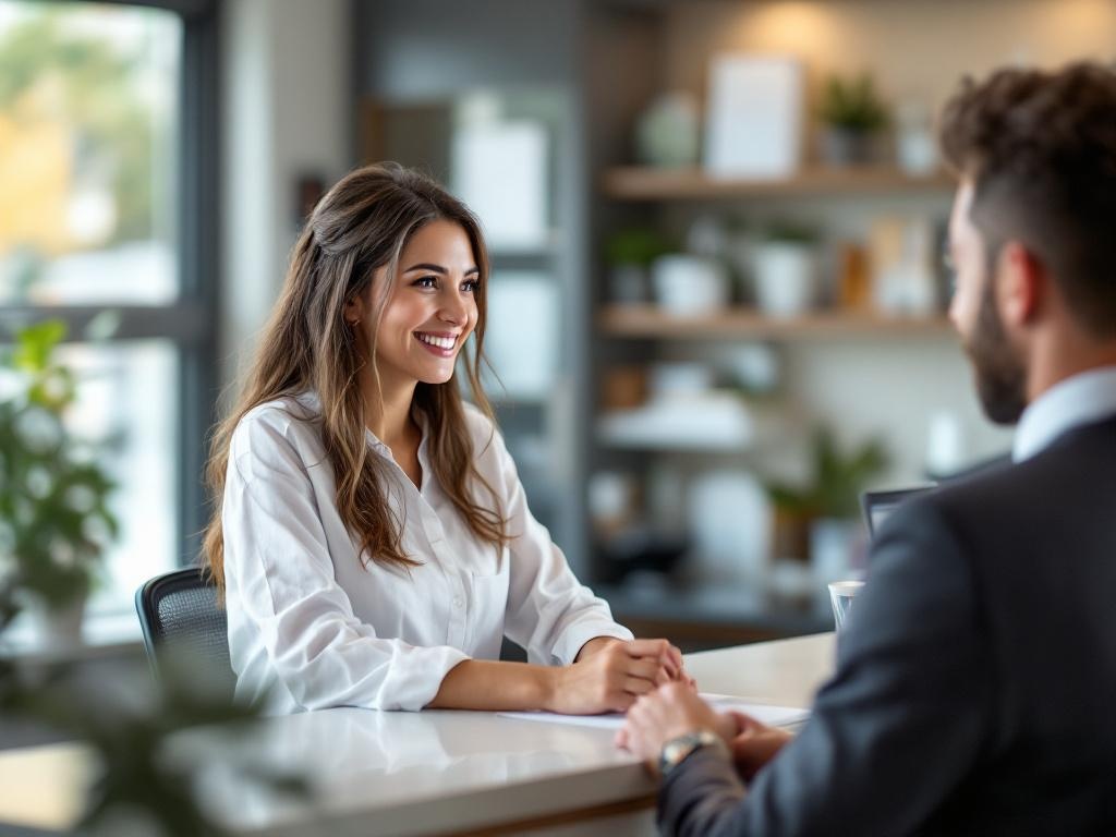Dental receptionist checking in a patient with a warm smile at a modern front desk