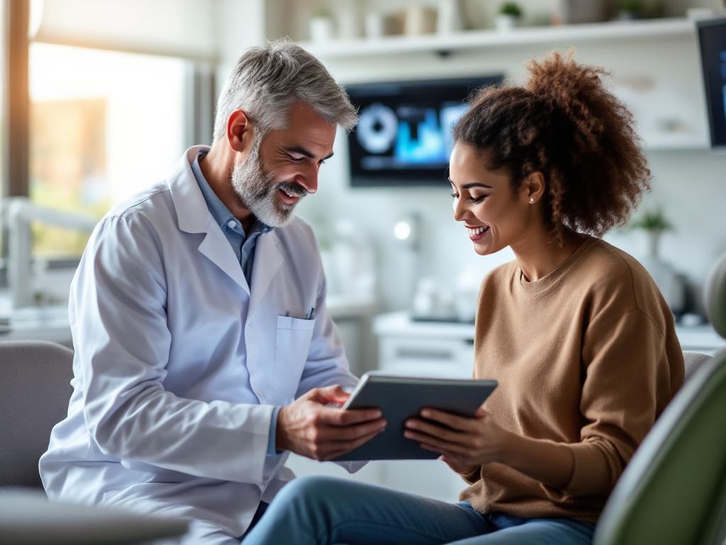Dentist and patient reviewing treatment progress on a tablet together in a modern consult room
