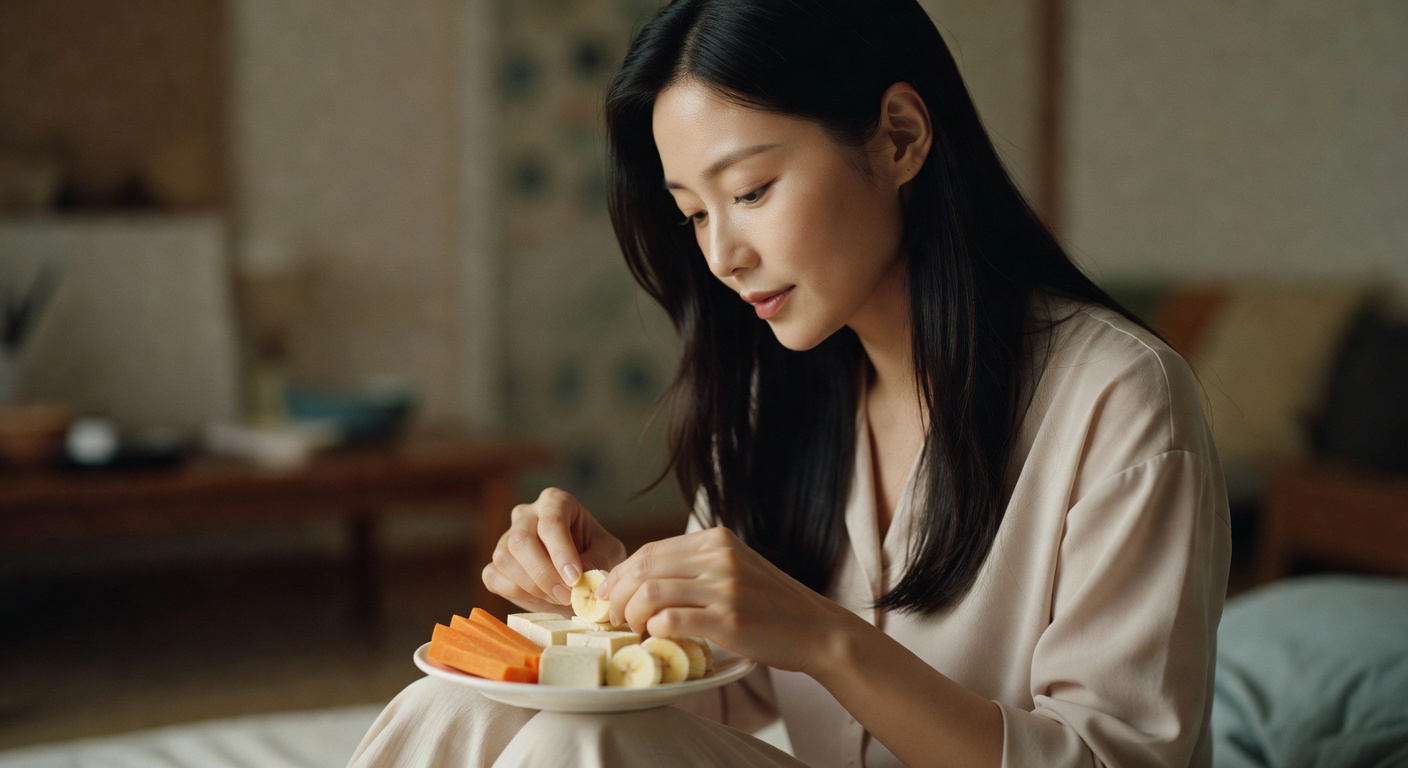 colorful finger food pieces including soft carrot, tofu, and banana arranged on a white baby plate