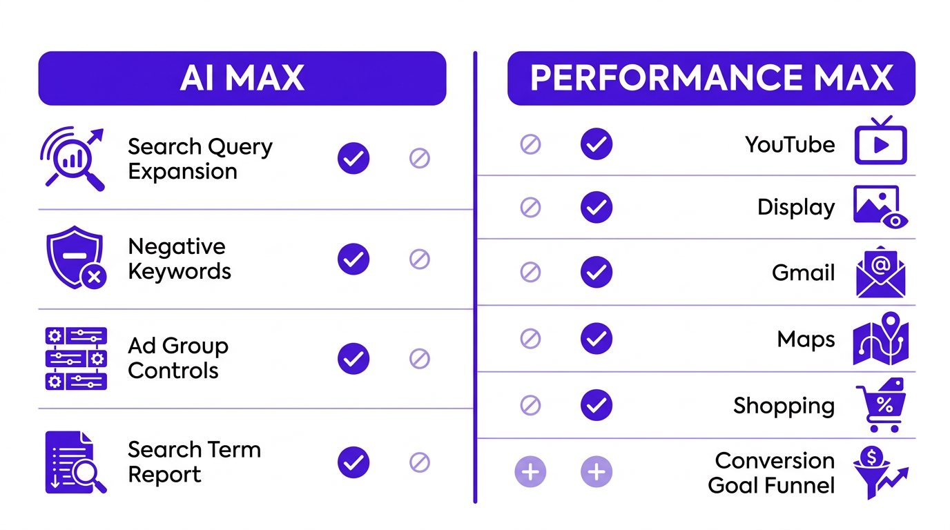 AI Max vs Performance Max side-by-side feature comparison infographic for Google Ads automation 2026