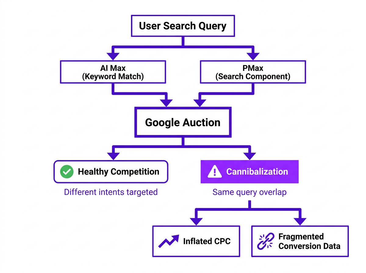 Signal cannibalization diagram between AI Max and Performance Max campaigns