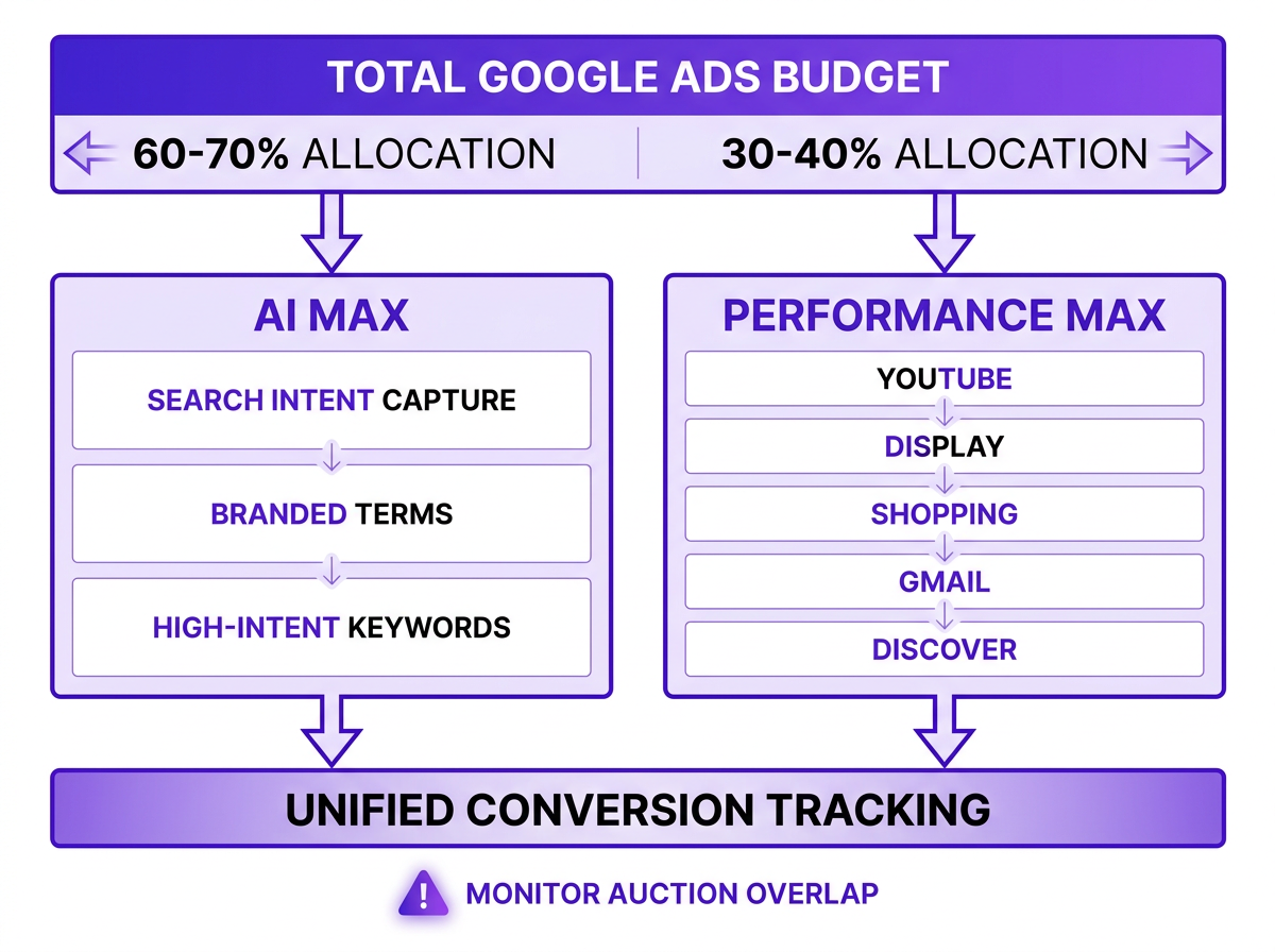Hybrid AI Max and Performance Max budget allocation strategy diagram