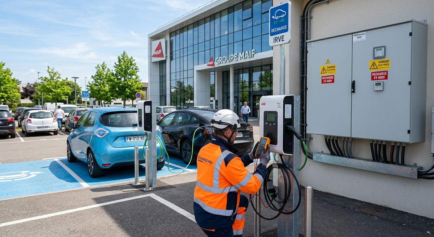 Borne de recharge électrique IRVE dans un parking d'entreprise, en cours de contrôle par un installateur professionnel certifié.