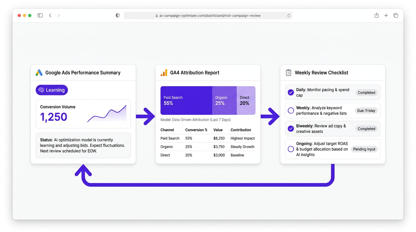 AI Max campaign mid-flight review workflow connecting Google Ads and GA4 attribution data