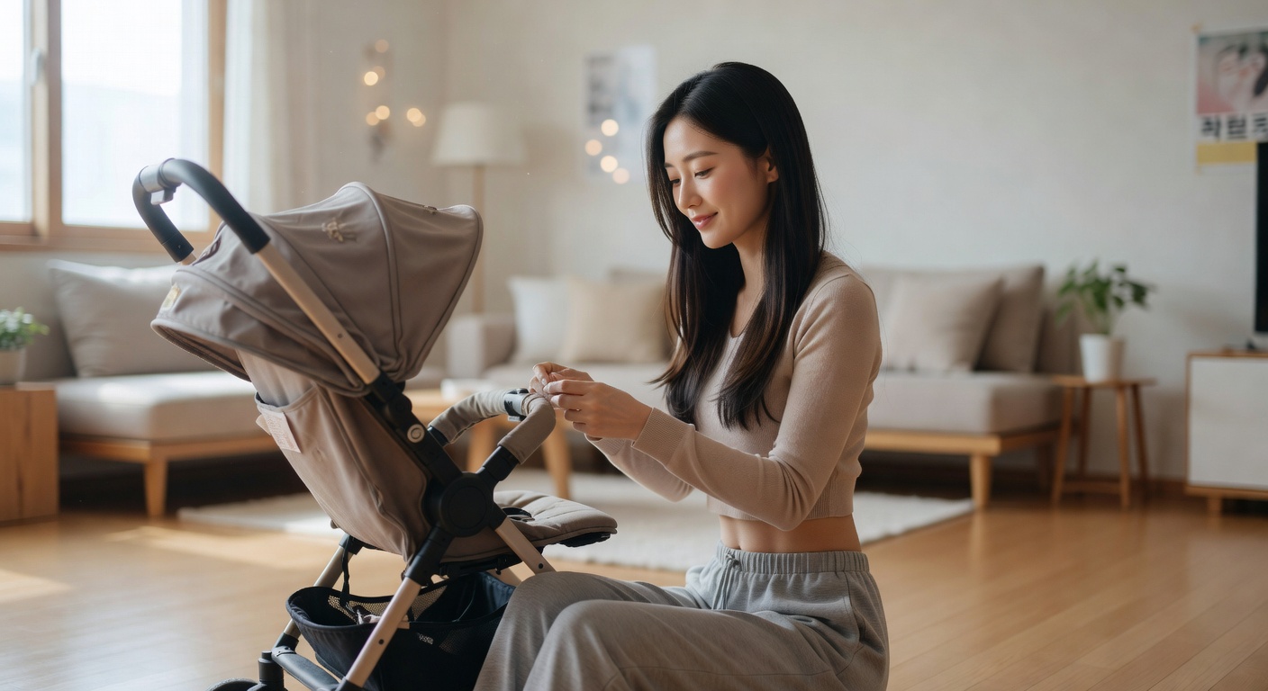 second-hand stroller displayed on a clean floor in a Korean apartment living room