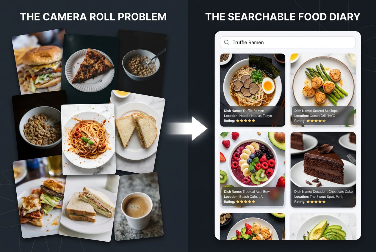Comparison showing a cluttered smartphone camera roll versus a searchable, organized food diary app interface with dish names and location tags.