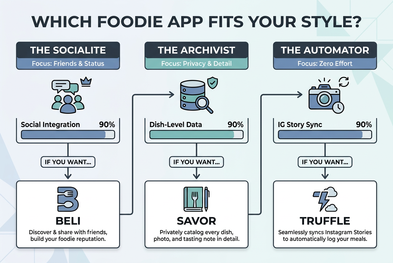 A decision matrix flowchart helping users choose between Beli for social, Savor for private archiving, and Truffle for automated tracking.