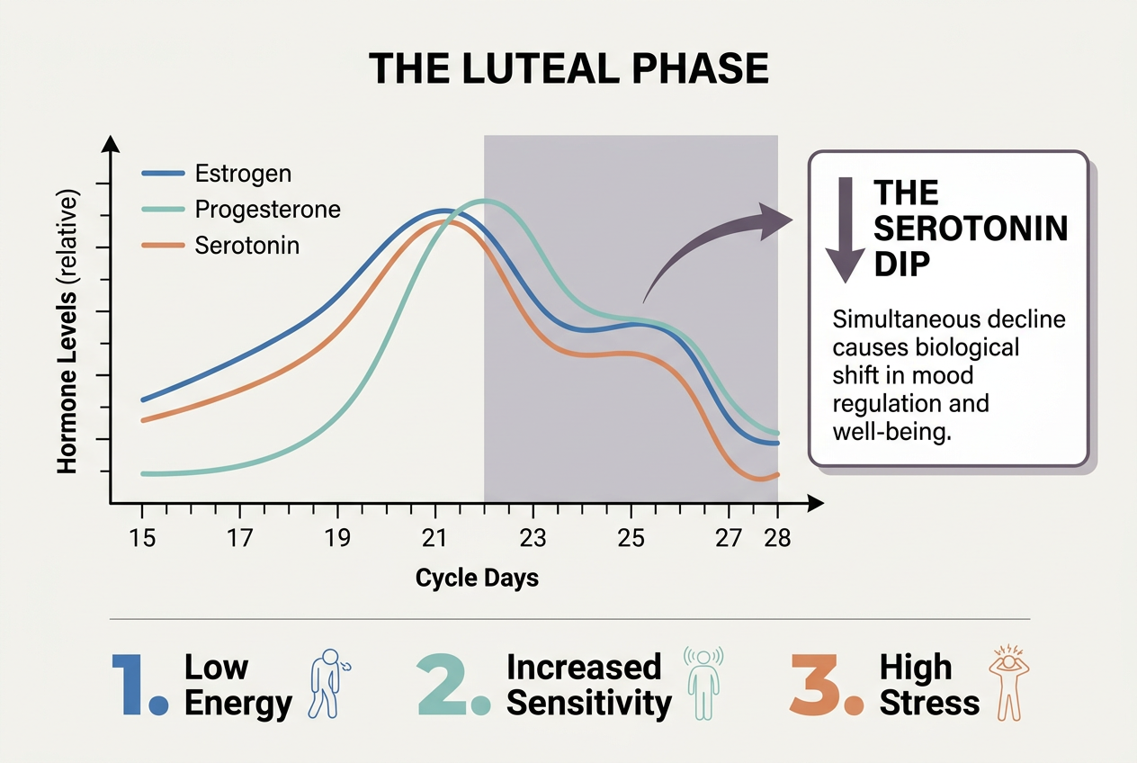 Infographic showing a line graph of Estrogen, Progesterone, and Serotonin levels dropping sharply during the Luteal Phase of the menstrual cycle.