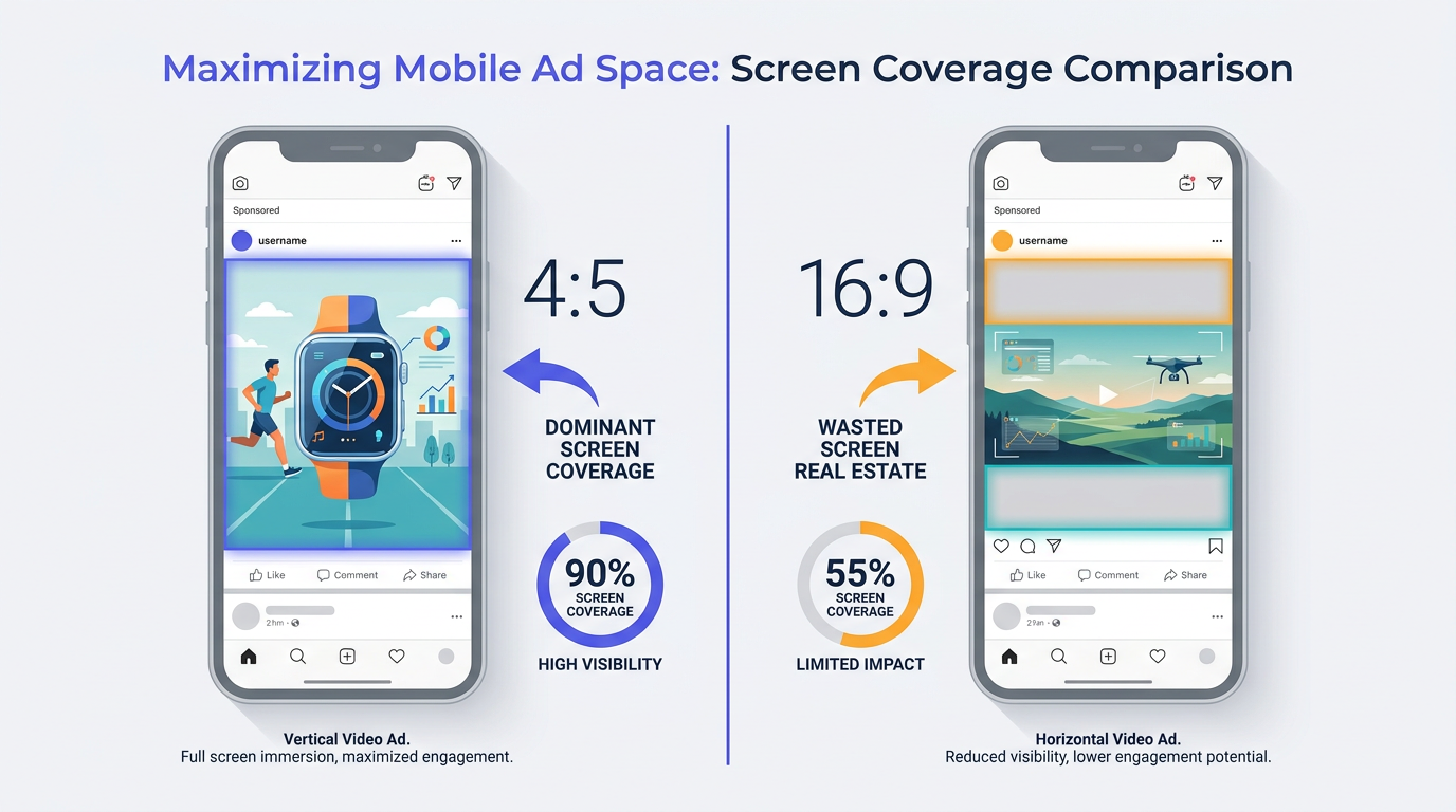 Facebook video dimensions comparison between 4:5 and 16:9 in mobile feed placement
