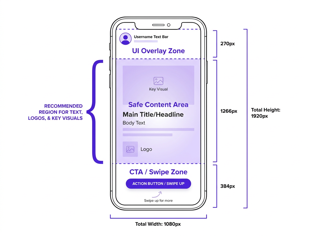 Facebook video specs safe zone diagram for Stories and Reels on 1080x1920 canvas