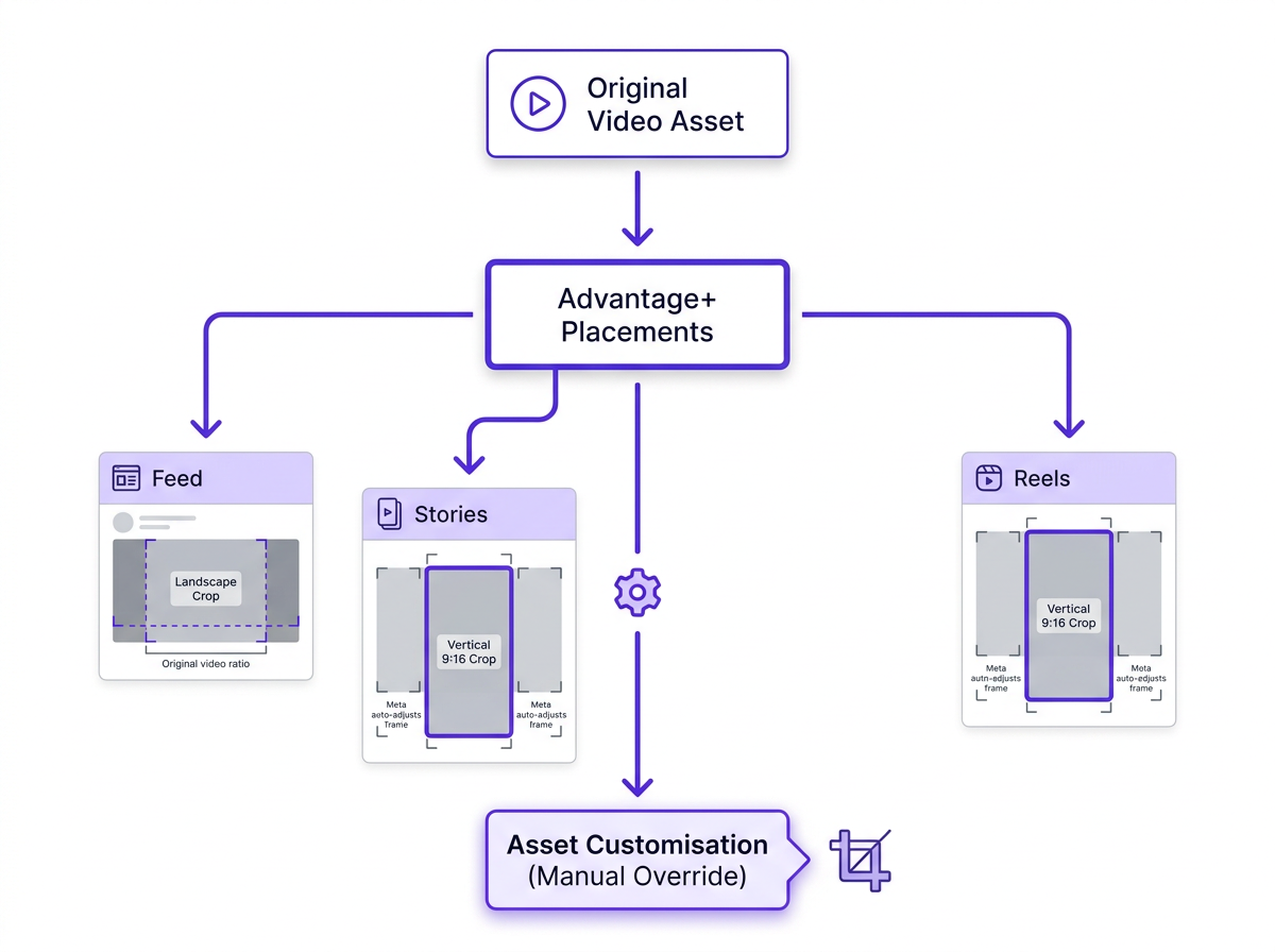 Advantage+ Creative automatic cropping diagram for Meta video ad placements