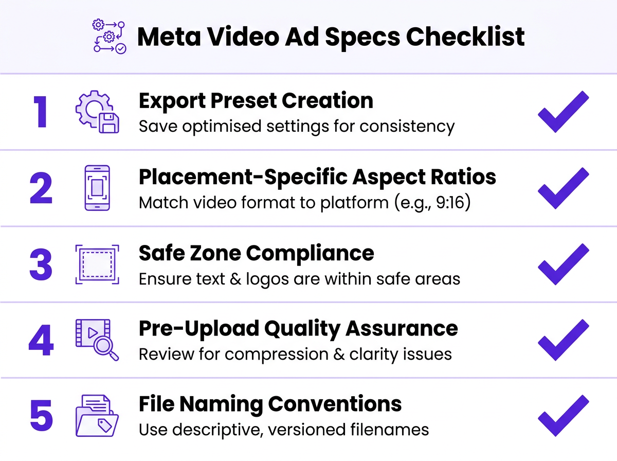Meta video ad specs workflow checklist infographic for video editors and marketers