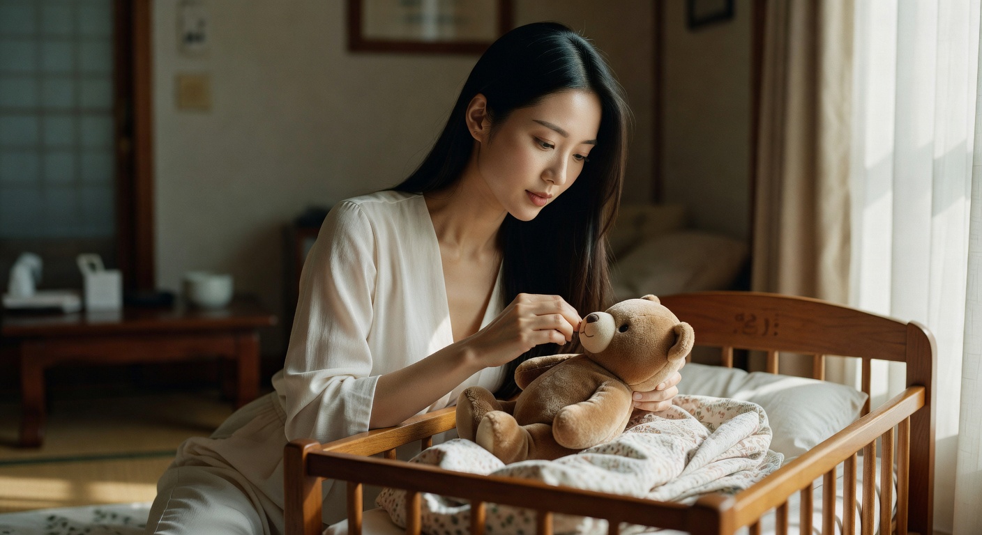 close-up of a soft toy bear and swaddle blanket placed inside a wooden baby crib