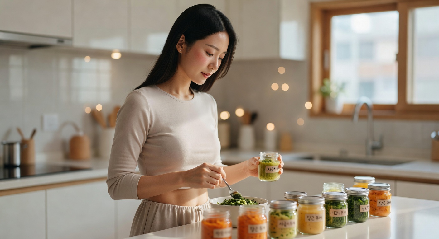 Korean mother preparing baby food in a bright kitchen, small glass jars with pureed vegetables on the counter