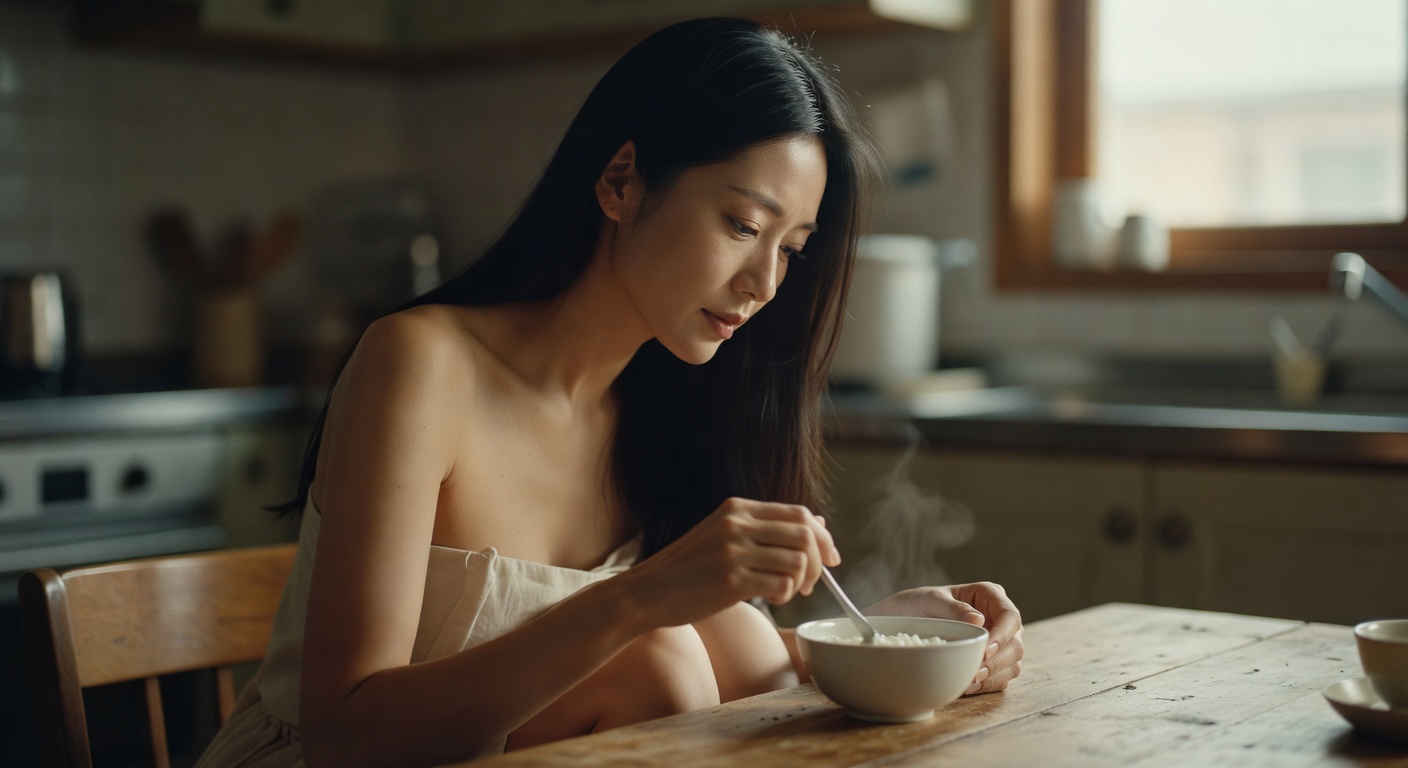 small white ceramic bowl with smooth rice porridge on a wooden kitchen table, soft natural light
