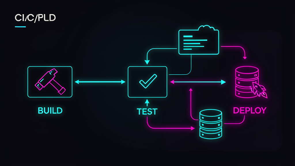 CI/CD pipeline architecture diagram showing build, test, and deploy stages with glowing neon connections on dark background