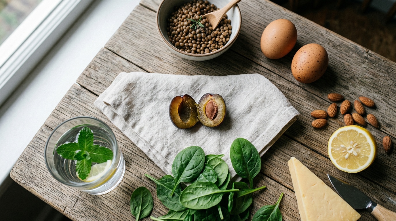 Pregnancy week 10 nutrition flat lay with prune, eggs, lentils, spinach and pasteurized cheese