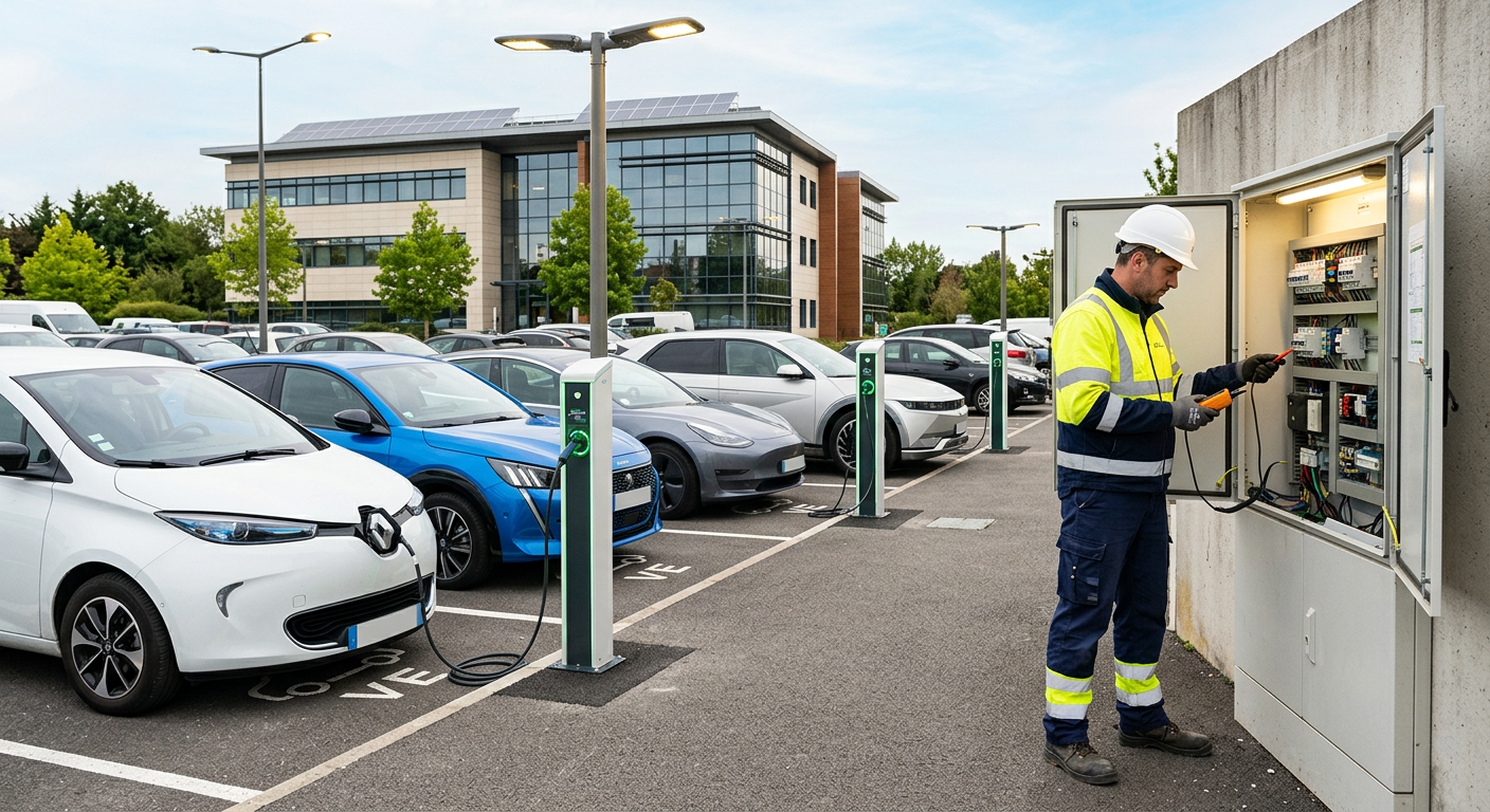 Borne de recharge électrique IRVE installée dans un parking d'entreprise avec un technicien qui inspecte le tableau électrique.