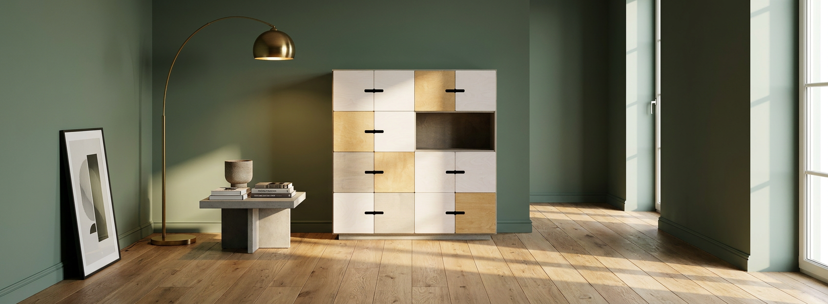 Massivholz Highboard PIX in nordisch eingerichtetem Raum mit Parkett und Charakter