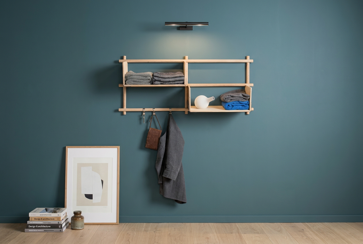 Wandregal FOLDIN Birke 2x2 in hellem nordischem Raum mit Holzboden