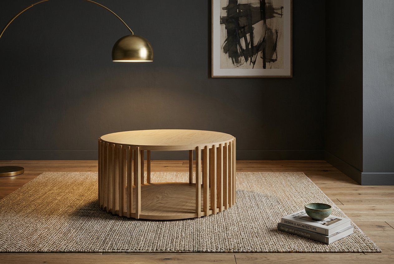 Couchtisch DRUM Eiche natur rund in nordisch gestaltetem Wohnzimmer