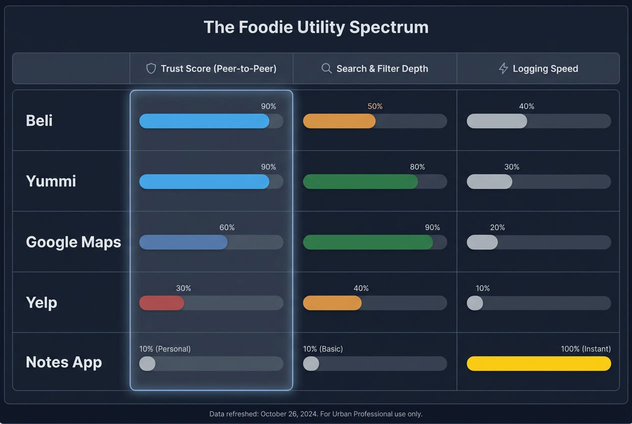 Comparison chart of food review apps Beli, Yummi, Google Maps, and Yelp, measuring peer-to-peer trust, search depth, and logging speed for foodies.