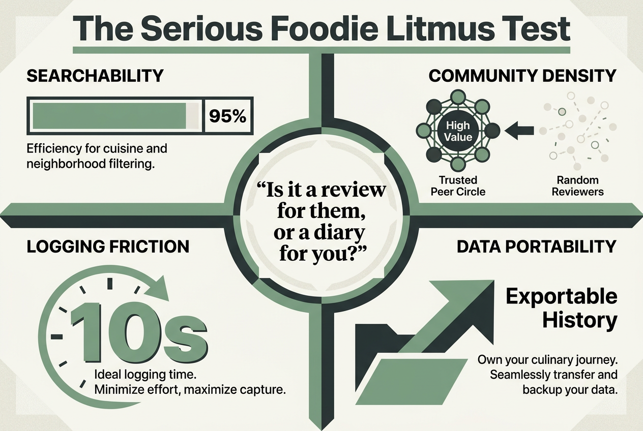 A four-quadrant graphic outlining selection criteria for food apps, including searchability, community density, logging friction, and data portability.