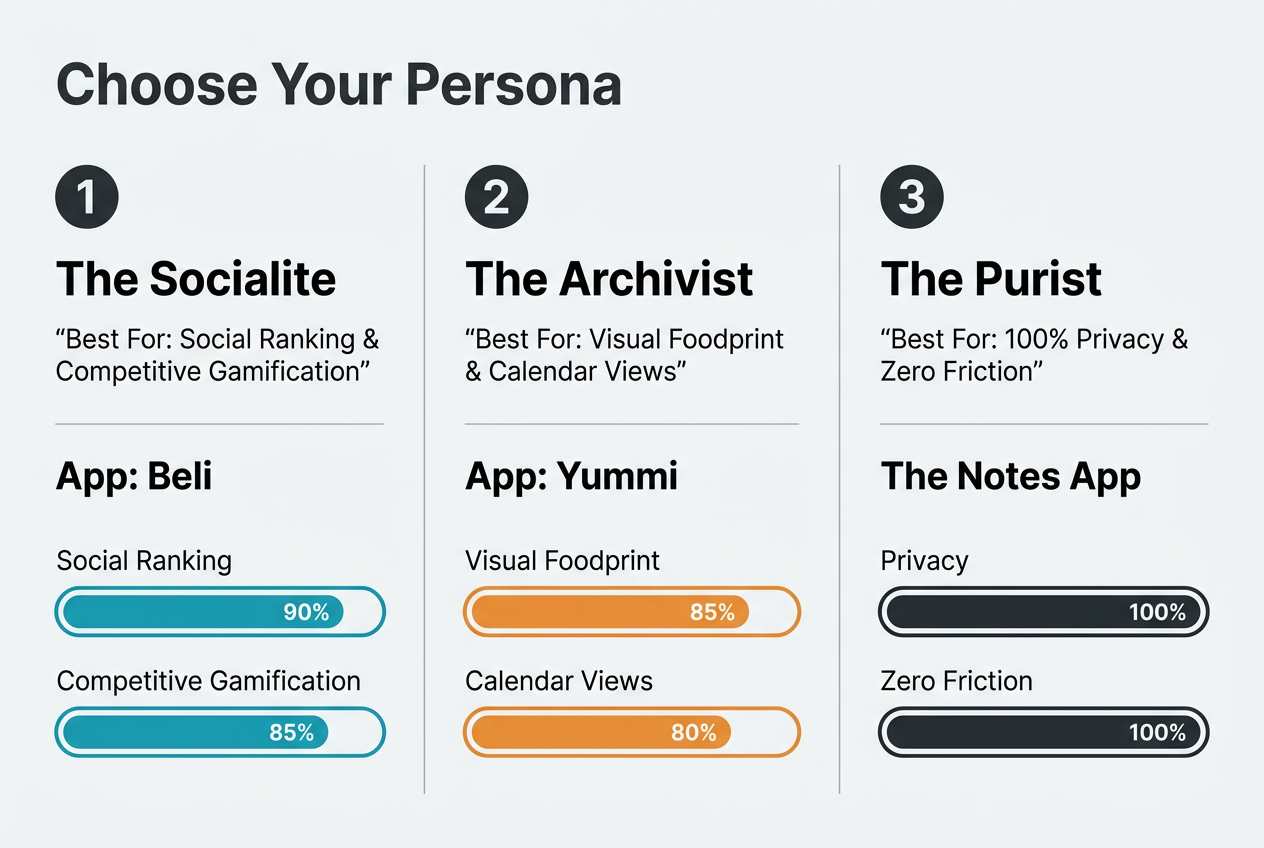 A decision guide for foodies choosing between social apps like Beli, archivists like Yummi, or manual tracking like the Notes app.