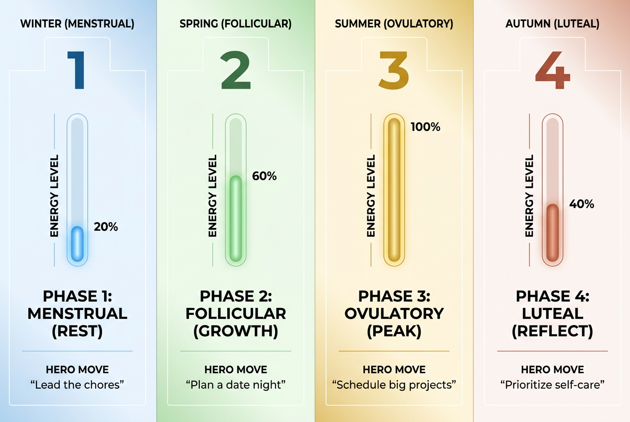Understanding the ’Four Seasons’ of her cycle helps you predict changes in energy and mood, allowing you to offer proactive support rather than reactive solutions.