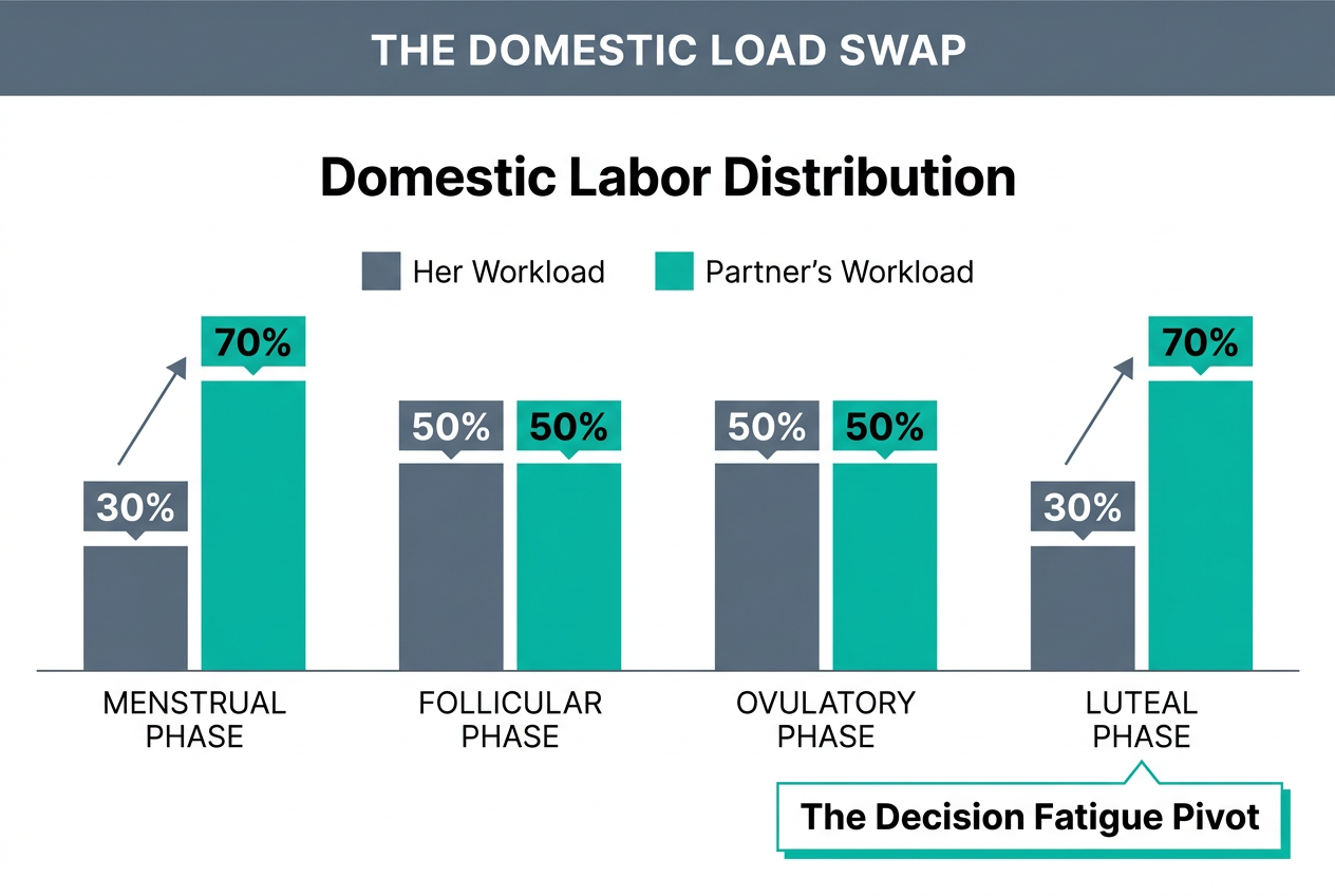 Effective support involves adjusting the domestic workload to compensate for her energy dips, specifically during the Luteal and Menstrual phases.