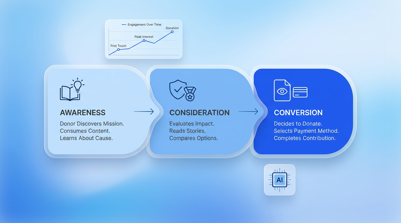 Modern SaaS journey map illustrating donor stages: awareness, consideration, and conversion with minimal icons and soft blue gradient background.