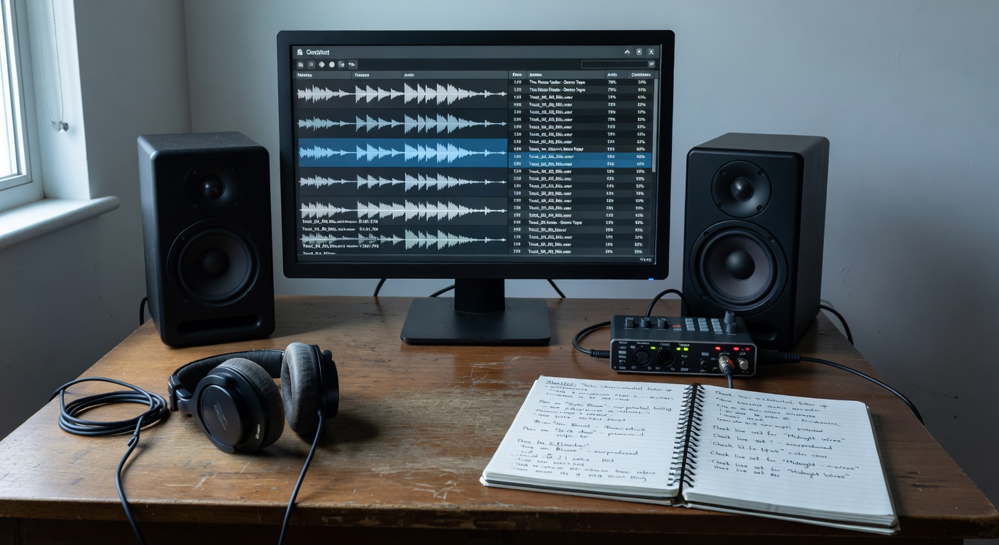 AI demo screening dashboard on an indie label A&R desk with waveforms, scores, headphones, and notes