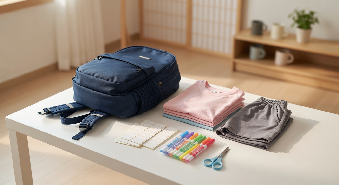 children's backpack, extra clothes, and name sticker supplies laid out on a white table