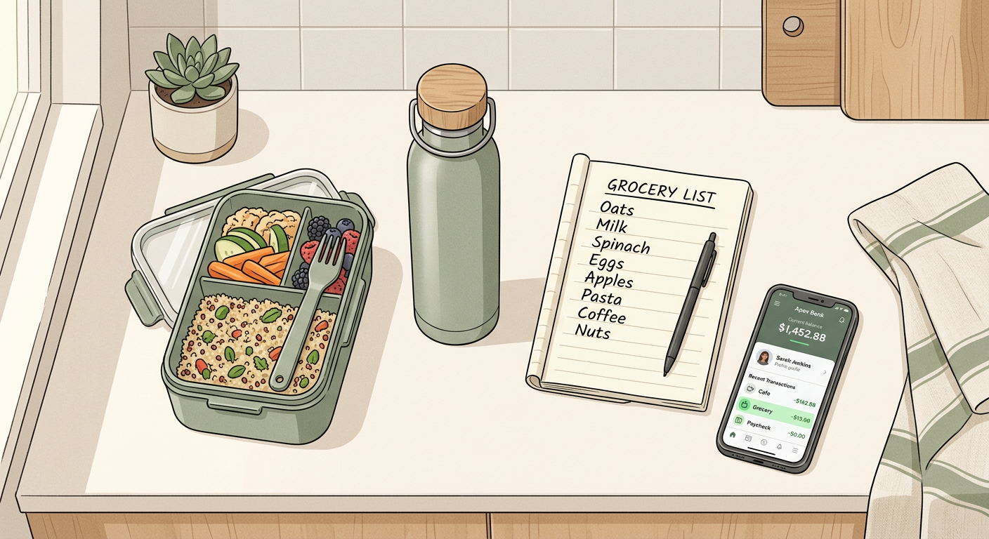 Modern editorial illustration of a kitchen counter with a lunch container, reusable water bottle, grocery list, and mobile...