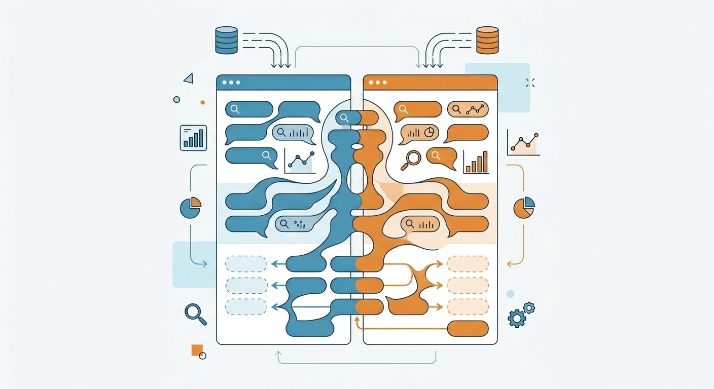 Clean flat illustration of a keyword gap workflow, showing two website columns with overlapping and missing keyword bubble...