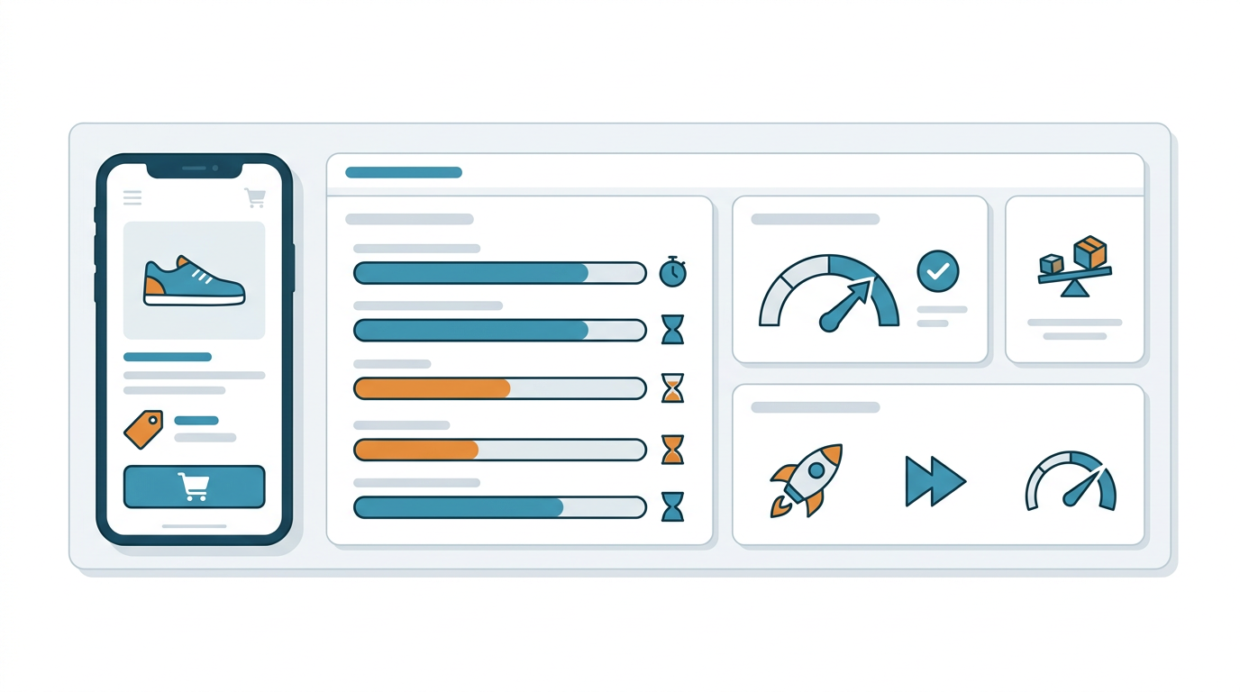 Flat cartoon-style in-content illustration of a product page performance audit dashboard, showing a mobile shopping page, ...