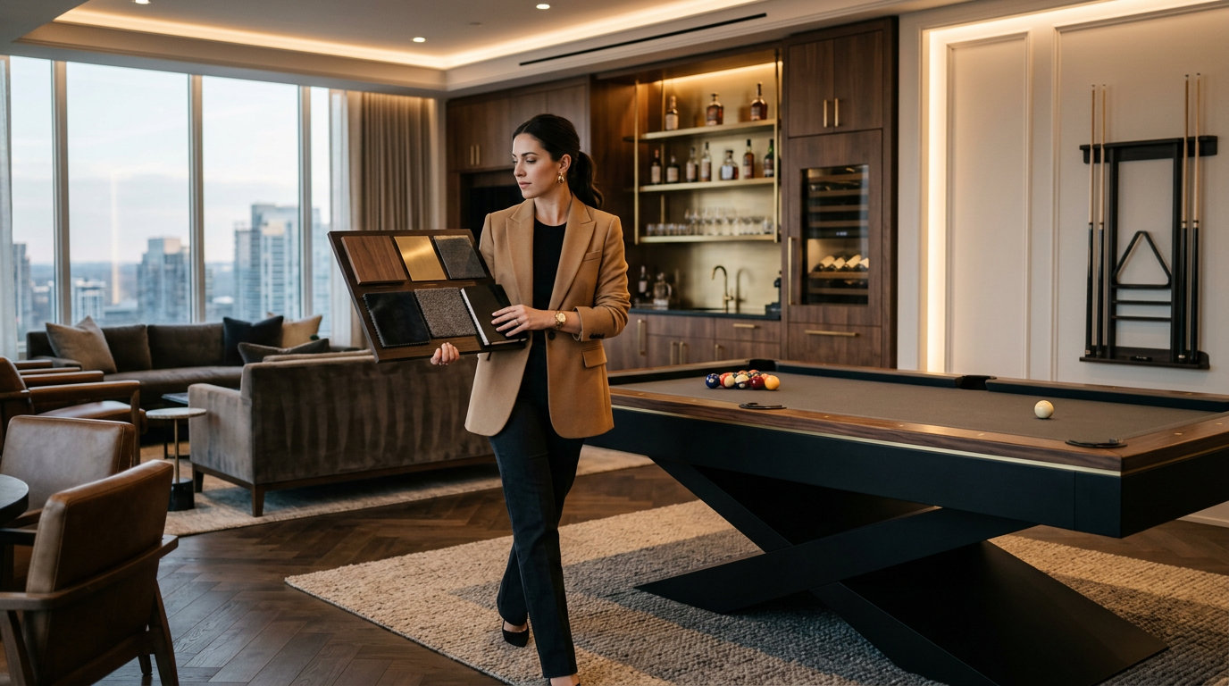 Interior designer walking through a luxury game room with samples of wood, metal, and cloth next to a modern cantilever po...
