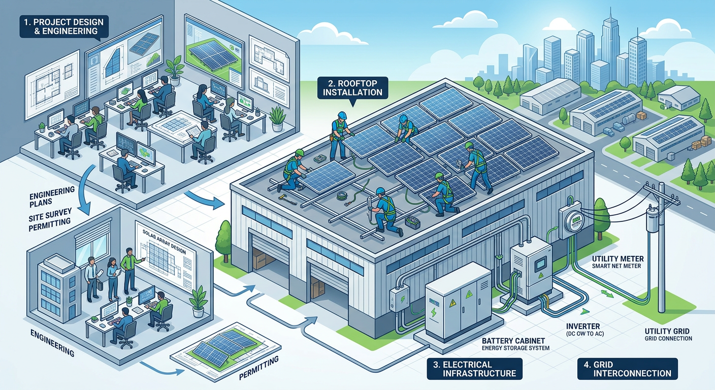 Modern illustration of a commercial solar project workflow showing a warehouse roof, engineering plans, installation crew,...