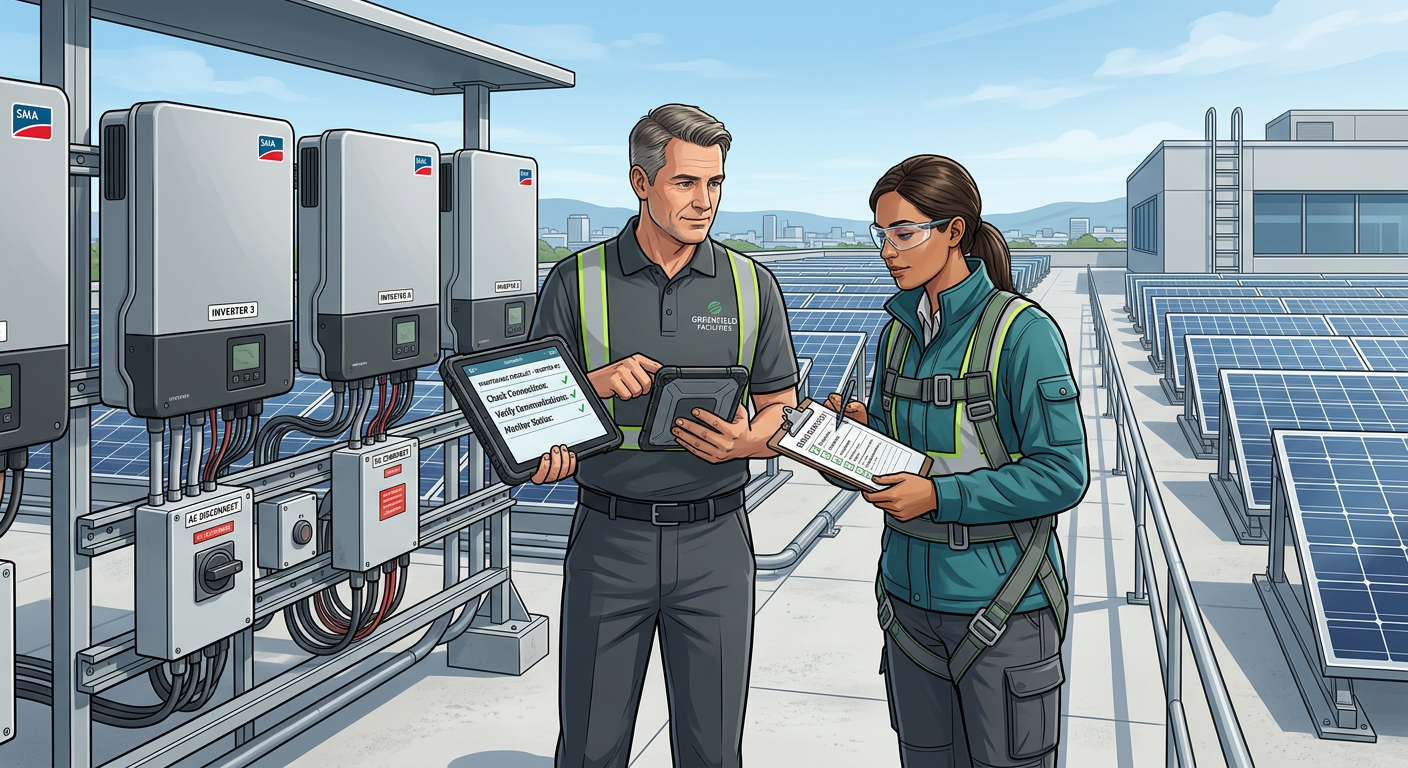 Detailed modern illustration of a facility manager and solar technician reviewing a checklist beside rooftop panels and in...
