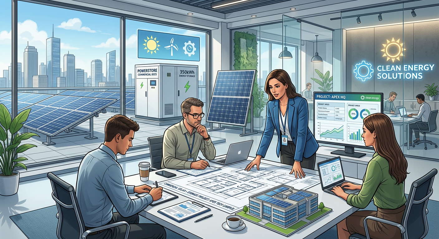Modern illustrative scene showing a solar sales rep reviewing a commercial project plan with a dealer support team, batter...