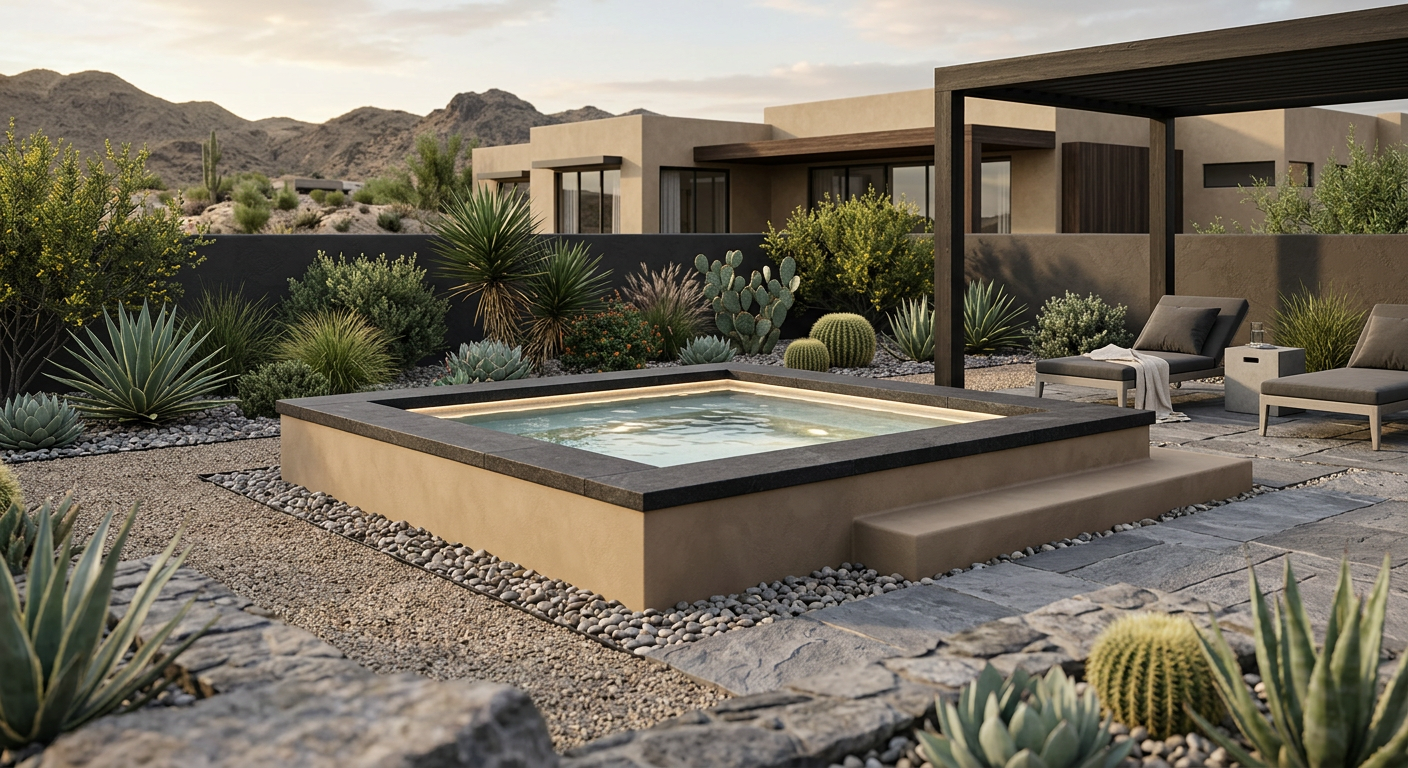 Modern backyard spa design concept with a minimalist raised spa, smooth plaster finish, dark stone coping, subtle LED ligh...