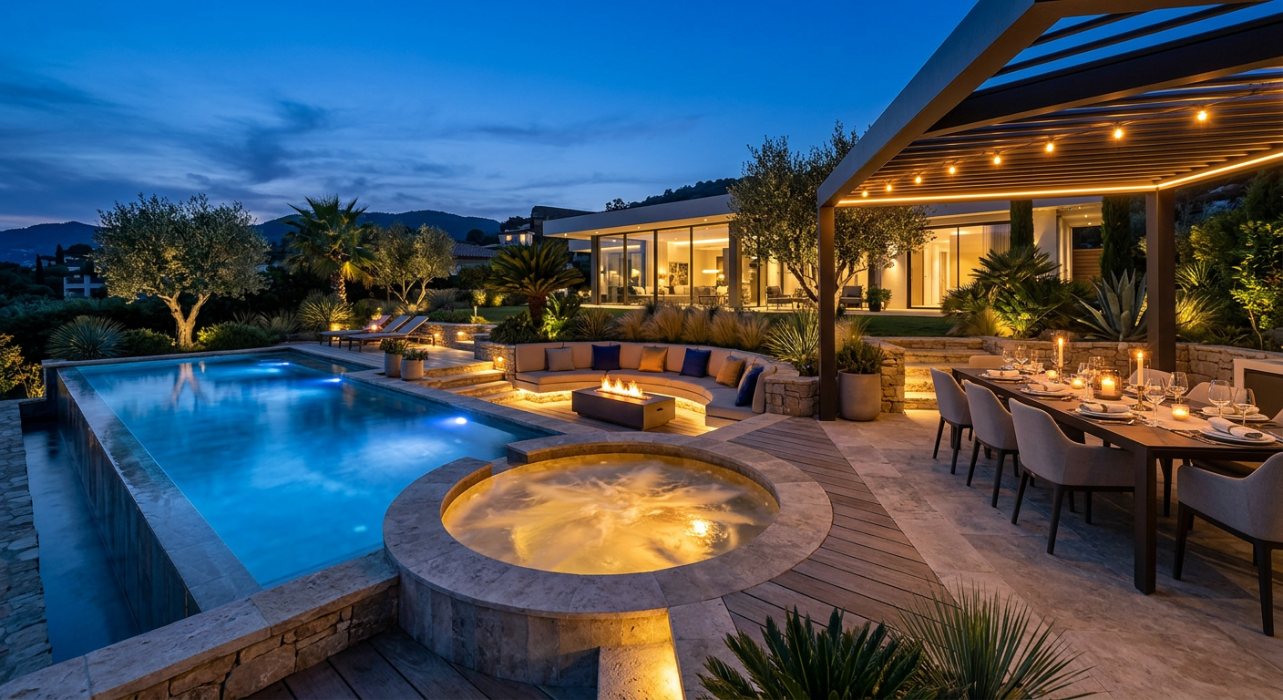 Elegant outdoor living scene with a designer spa, built-in seating, soft landscape lighting, and a modern dining area besi...