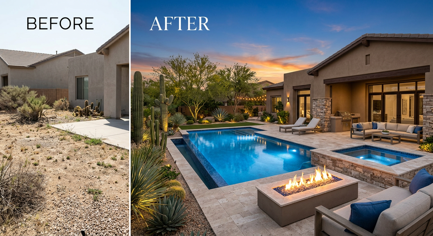 Photorealistic backyard transformation scene showing a before-and-after style luxury Scottsdale estate, with the finished ...