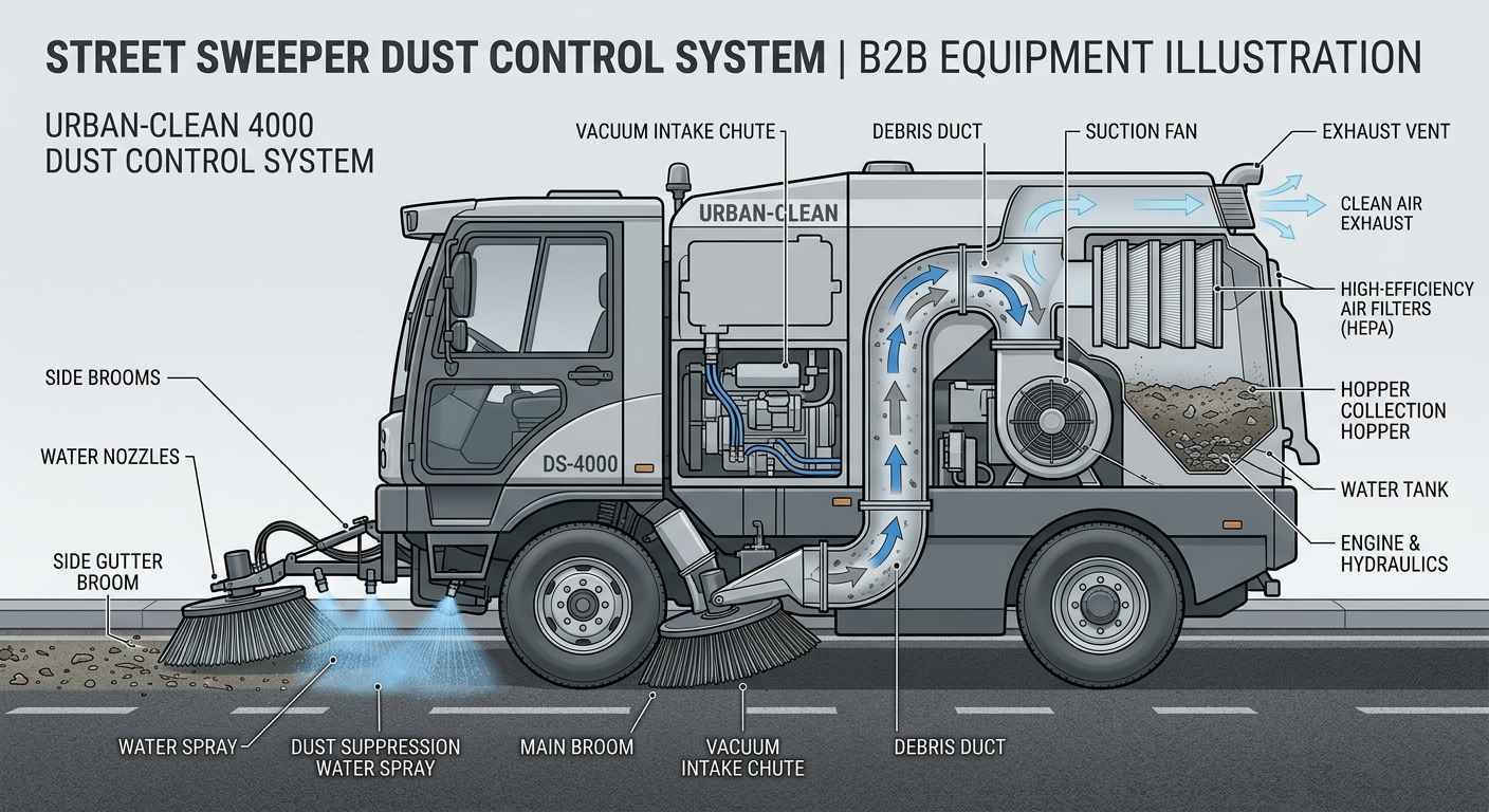 Detailed illustration of a street sweeper dust control system showing airflow, water spray, side brooms, and hopper collec...