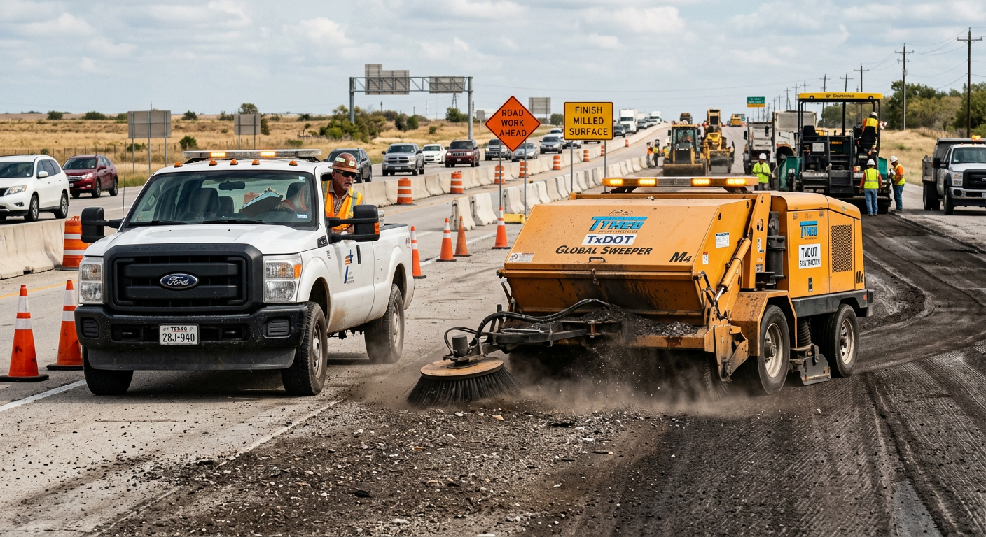 Realistic mid-scene view of a mechanical broom street sweeper clearing asphalt millings and construction debris on a Texas...