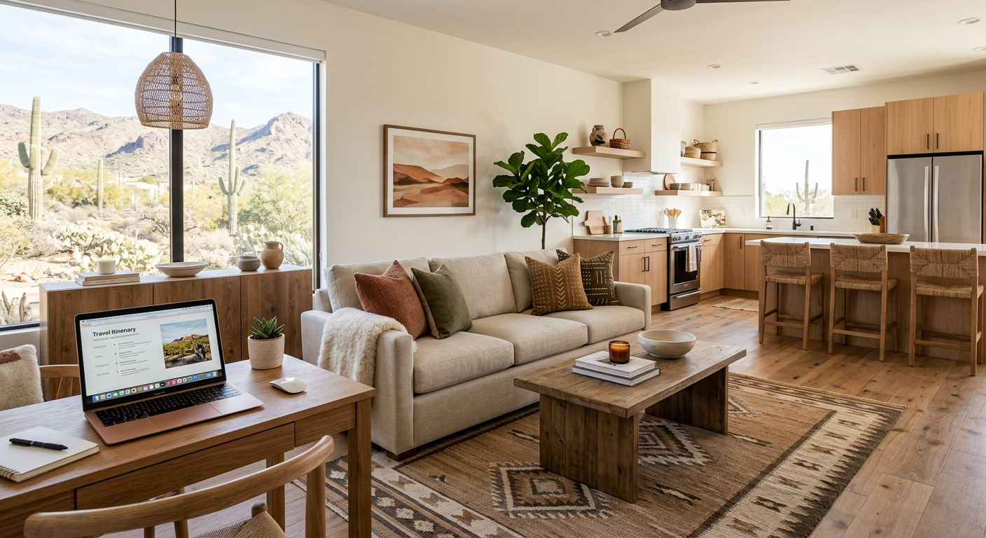 Modern photorealistic interior of a furnished Arizona winter rental with a bright open living room, full kitchen, laptop o...