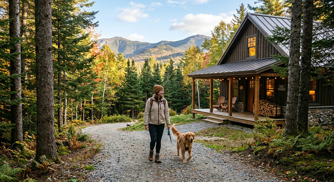 Scenic exterior of a pet friendly cabin in the White Mountains with a dog walking beside its owner on a pine-lined gravel ...
